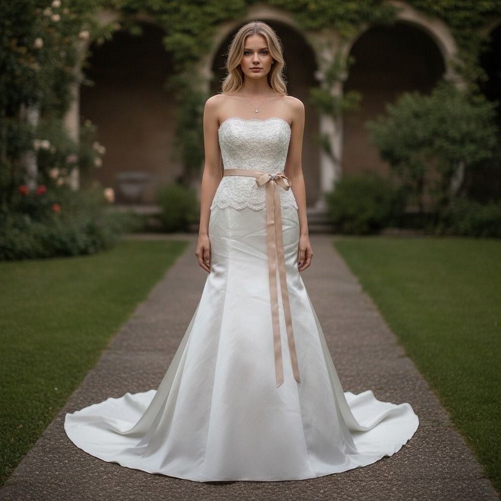 DaVinci Wedding Dress 10 Champaign Gold Satin Sash Beaded Strapless Train NWT